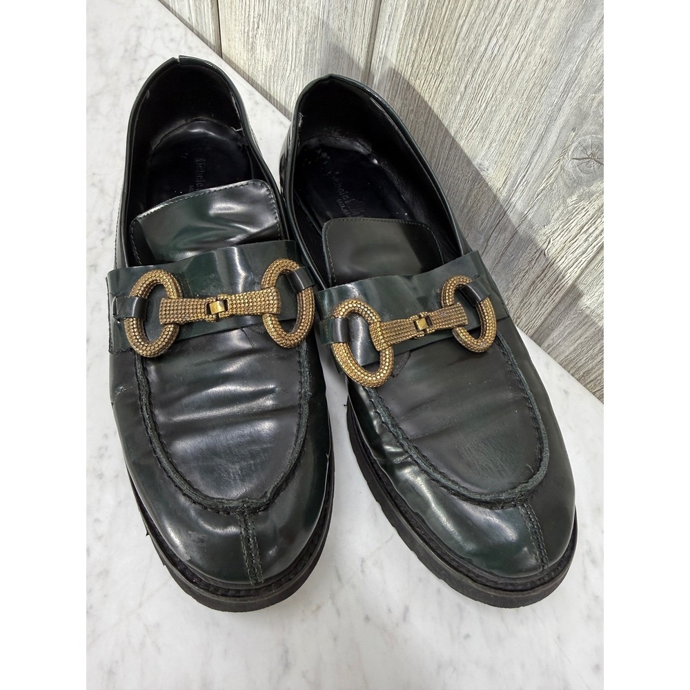 Michele Lopriore Milano Green Leather Horsebit Loafers Gold Buckle Made in Italy